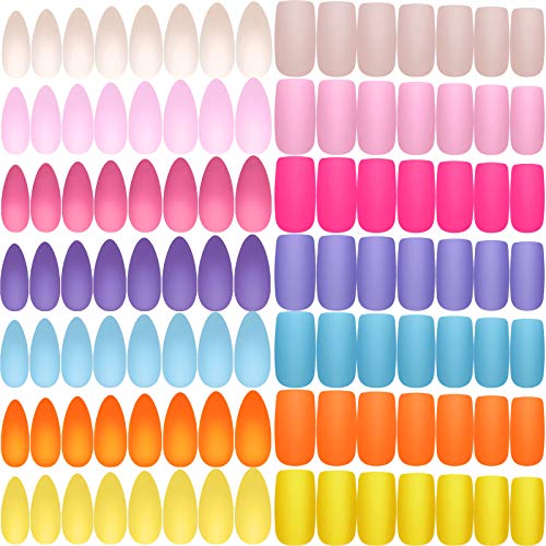 336 Pieces 14 Sets Matte Press on Nails Short Stiletto False Nails Colorful Medium Square Fake Nails Full Cover Almond Nails Solid Color Artificial Nails for Nail Art DIY, 2 Style (Light Colors)