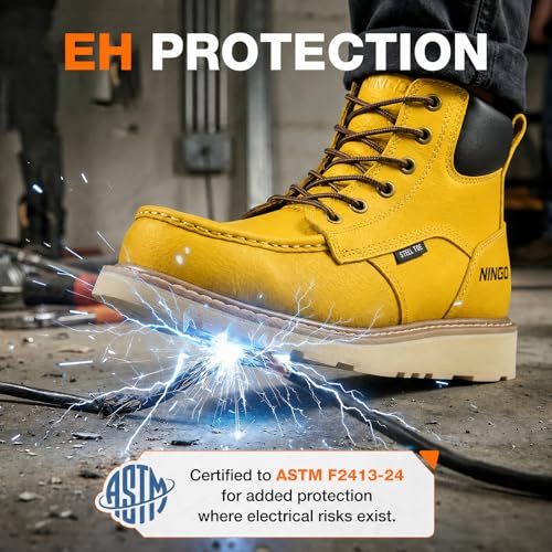 Image of NINGO Steel Toe Boots Work for Men, Non Slip Safety Moc Toe Boot with Water Resistant Full Grain Leather, EH Rated, Oil Resistant, Comfortable Work Shoes for Construction, Industrial, Yellow 15.5