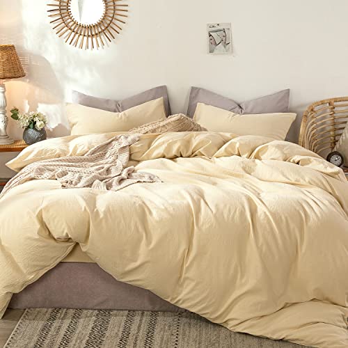 Image of MooMee Duvet Cover Set 100% Washed Cotton Linen Like Queen | Relaxed Linen-like Texture. Soft, Breathable & Long-lasting Comfort. Lightweight. Hidden Zipper with 8 Interior Corner Ties