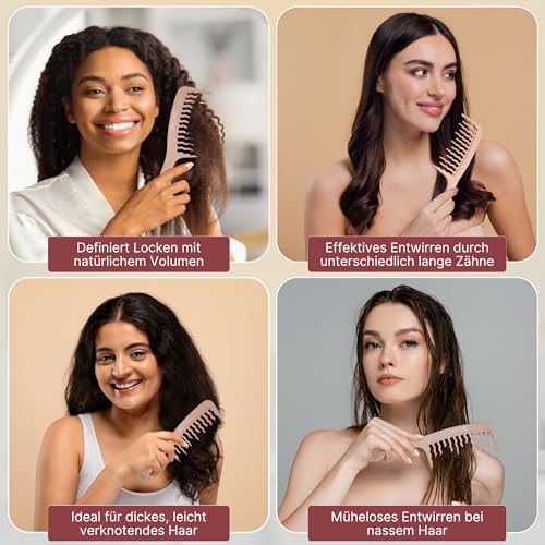 BICTIVE® Lockenkamm mit Gewellten, Breiten Zinken. Kamm für Locken, Entwirrt und Definiert Locken. Grober Kamm, Styling, Wide Tooth Comb, Entwirrbürste Lange Haare. Für Damen und Männer