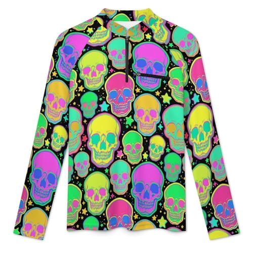Bright Psychedelic Skulls Men's Rash Guard Long Sleeves Quick Dry Fishing Workout Shirts with Zipper3