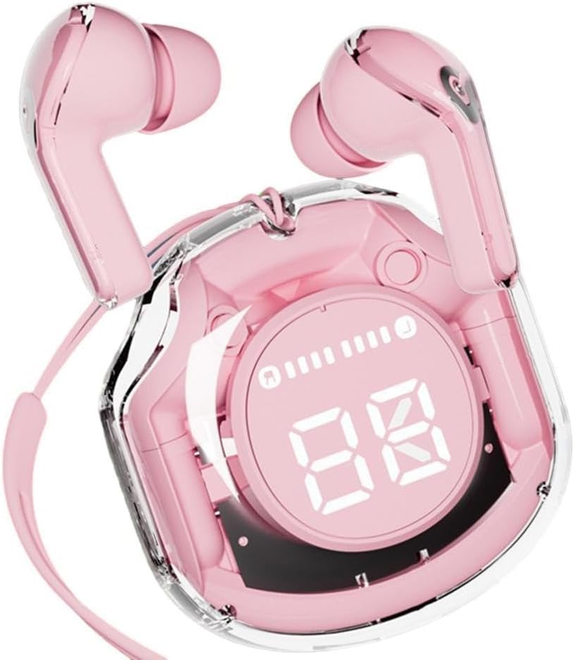 Clear Beat Cuffie Auricolari Wireless Bluetooth 5.3, Design Trasparente, Suono Cristallino, Impermeabili IPX4, Custodia con Ricarica Smartphone, Microfono Integrato, Autonomia 2-3 Ore, USB-C (Rosa)