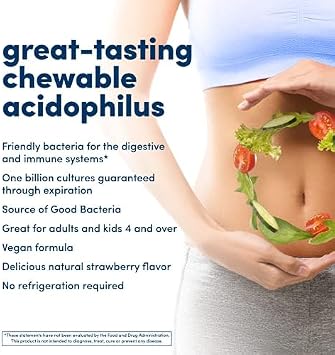 American Health Daily Chewable Tablet Acidophilus, 1 Billion Live Cultures, Beneficial Bacteria for The Digestive & Immune Systems, Strawberry, 60 Count