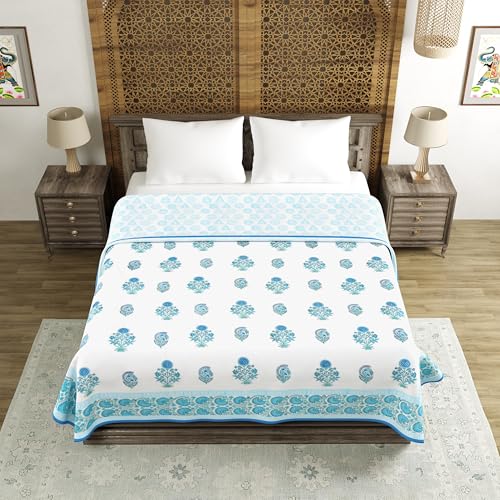 Image of BLOCKS OF INDIA 100% Cotton Dohar King Size Reversible Hand Block Printed Malmal Summer Dohar /Blanket (Blue Kairi)