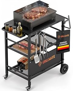 GRILLMATE Grilltisch Outdoor Wetterfest Klappbar | Grillwagen, Servierwagen, Tisch für Weber Grill, Gasgrill, Pizzaofen | Beistelltisch für Balkon Rostresistent, Portabel | JETZT NEU (Schwarz)