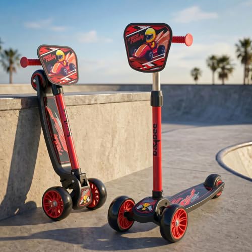 Image of Baybee Trickster Baby Kick Scooter for Kids | Foldable 3 Wheel Kids Scooter with 4 Height Adjustable & Foot Brake | Runner Scooters with Magic Board | Skate Scooter for 2+ Years Boy Girl (Black /Red)