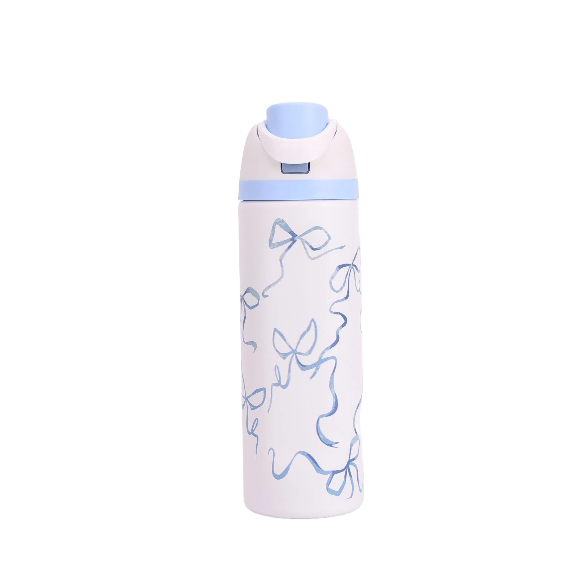 304 Stainless Steel Fitness Sports Vacuum Bottle with Handle and Straw, Large Capacity Macaron Thermal Mug /16/19/24/32 oz (deep Blue Bow,24)