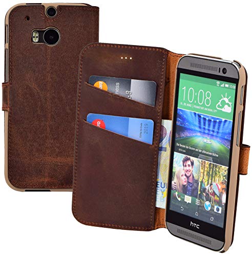 Suncase Book-Style Tasche kompatibel mit HTC One M8 | HTC One M8s Ledertasche Leder Schutzhülle Hülle Hülle (mit Standfunktion & 2 x Kartenfach) antik Coffee