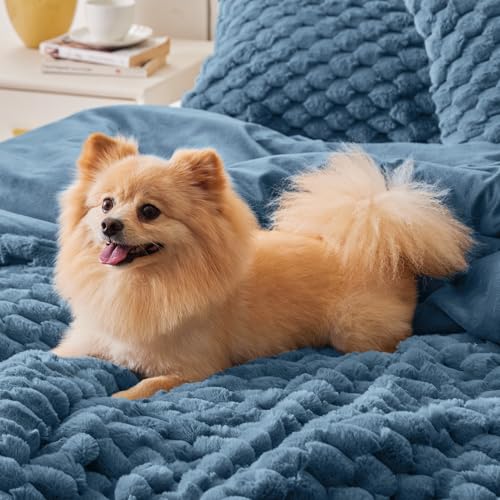 Image of BEDELITE Fluffy Queen Comforter Set - Blue Fog Fleece Soft Comforter for Queen Size Bed, Luxury Warm Bedding Set for Winter, Fuzzy Bed Set 3 Pieces (1 Comforter, 2 Pillowcases)
