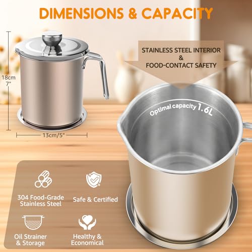Image of Chihee Grease Container Stainless Steel 2L / 67.6 fl oz Fine Mesh Strainer | Easy to Clean Large Spout Bacon Grease Saver Cooking Oil Keeper Stoarge Can with Dust-proof Lid Non-slip Tray Kitchen Frying
