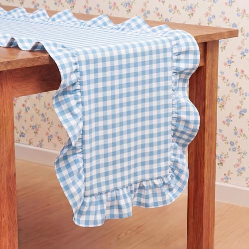 Tegeme Blue Gingham Table Runner 12''x71'' Cotton Fabric Ruffle Checkered by Tegeme - Used condition - US$14.70