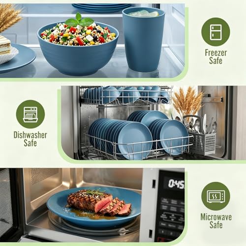 Image of 40-Piece Wheat Straw Dinnerware Sets,Unbreakable Dishes Set for 8 - Drinking Cups, Plates and Bowls Sets, Reusable Microwave Safe Dinnerware Set for Home, Outdooor, RVs - Blue