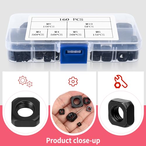 160 Stücke M3 M4 M5 M6 M8 M10 Kohlenstoffstahlmuttern, metrische Muttern, Vierkantmuttern, Vierkantmuttern, Gewindemuttern, eingebettete Muttern, Schraubenmuttern