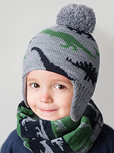 Baby Boy Hat Scarf Mittens Set Winter Warm Hat Knitted Beanie Gloves Toddler Fleece Mittens Earflaps (Grey, Blue, Green, 2-3 Years) #TOP4