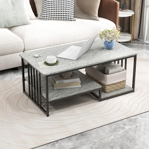 GOPLUS Table Basse Marbre, Table Basse Salon Moderne à 2 Niveaux, Plateau et Etagère Ouverte, Rectangulaire, pour Salon, Maison, Bureau Charge 50KG+20KG,Gris