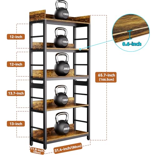 Image of Aquzee Bookshelf, 66 inch H 5-Tiers Heavy Duty Industrial Shelving Wood & Metal Bookcase, Rustic and Black Tall Shelf Units for Home, Office, Living Room