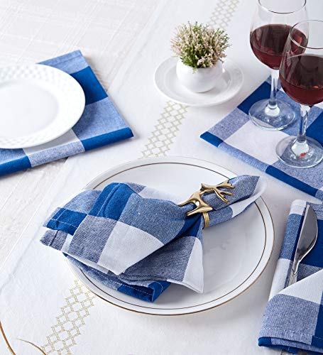 Image of Encasa XO Dining Table Napkins Set of 6, 43x43 cm | Machine Washable Reusable, Recycled Cotton Cloth Napkin, Soft & Absorbent, Table Decor for Hotels, Farmhouse - White & Buffalo Blue Checks