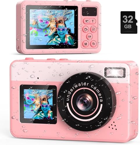 4K Underwater Digital Camera for Kids: 10FT Waterproof Camera - 48MP Floating Camera for Snorkeling - Surfing - Swimming - Dual-Screen Selfie - Autofocus - 18X Zoom - 32GB TF-Card - Pink - 2026 New