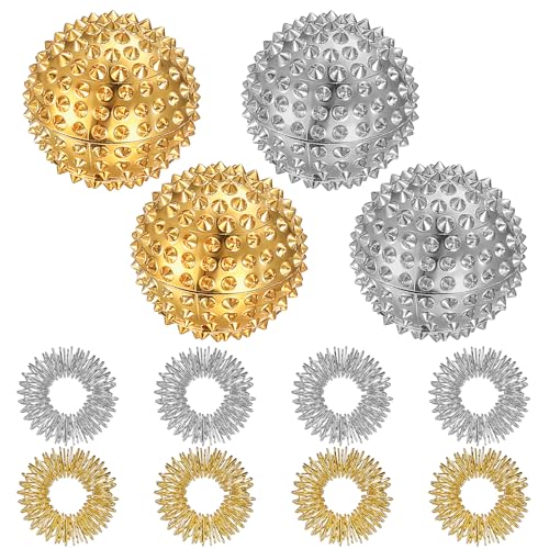 4 Igelball Massageball&8 Akkupressurringe, Magnetische Igelbälle, Akupressur Ringe Set, Skills Borderline Set,Akupressurring Finger Massageringe,Magnetic Igelball für Stressball Relief(Gold, Silber)
