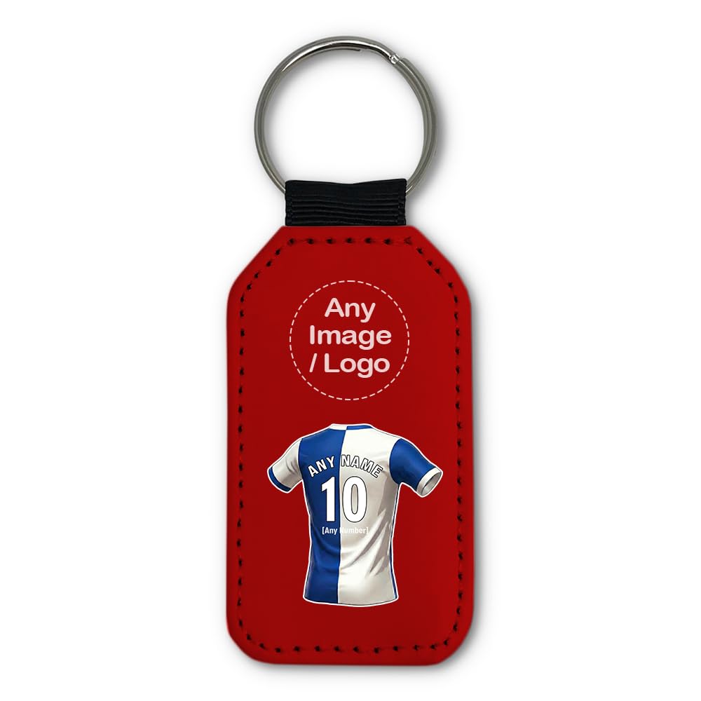 UNIGIFT Personalised Gift - East Lancashire Fan Red Rectangle Keyring (Blue and White Halves Football Jersey Design) Custom Name Keychain - Lancs BB2 Club