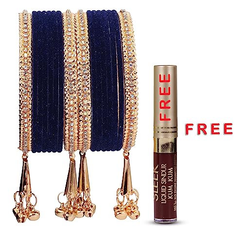 Image of NMII Metal with Zircon Gemstone and Velvet Studded Bells Latkan Bangles Set For Girls and Women I Latkan Bangles, Premium Bangle Bracelet Set I Pack of 16 Bangles