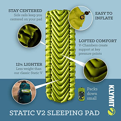 Klymit-Static-V2-Inflatable-Sleeping-Pad-for-Camping-Ultralight-Hiking-and-Backpacking-Air-Bed-Green