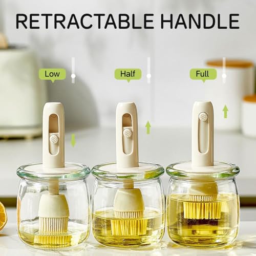 Image of 300ml Glass Oil Dispenser Bottle for Kitchen with Retractable Handle, Leakproof Glass Jar, Kitchen Basting Brush for Cooking, Baking, BBQ. (White)
