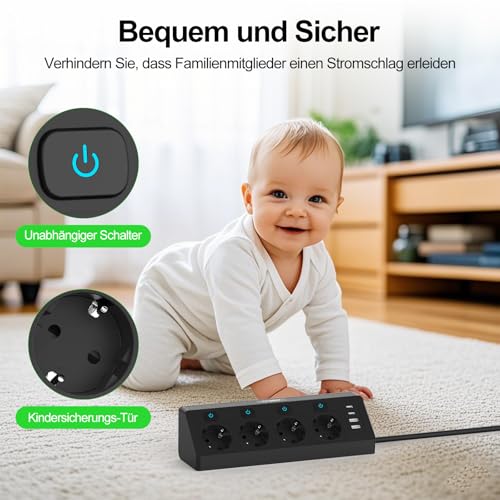 Steckdosenleiste mit 2 USB C und 2 USB A, 4 Fach Ecksteckdose Einzeln Schaltbar Mehrfachsteckdose Überspannungsschutz 3680W Mehrfachstecker Wandmontage, Steckerleiste 2M Kabel Schwarz für Küche Büro 3