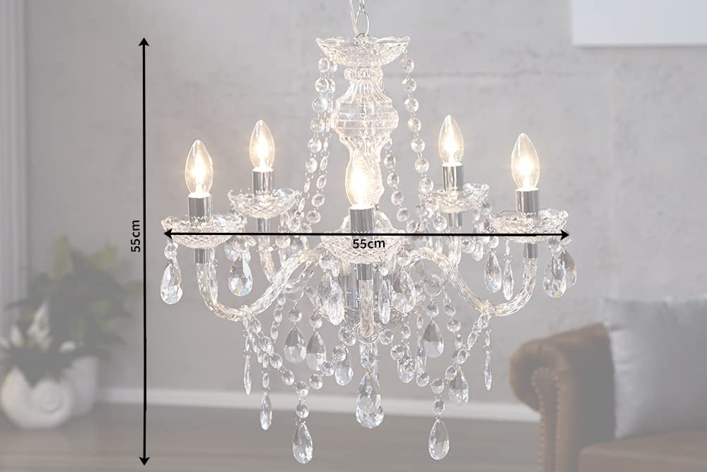 Riess Ambiente Moderner Kronleuchter CRYSTAL Klar 55cm mit 5 Armen Acrylglas E14 5-flammig Kerzen Lüster mit 15 Prismen Deckenleuchte