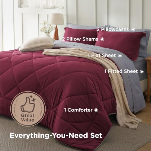 Image of Bedsure Full Size Comforter Set - 7 Pieces Reversible Red Bedding, Full Size Bed Set for All Seasons, Bed in a Bag with Down Alternative Comforter, Sheets, Pillowcases & Shams
