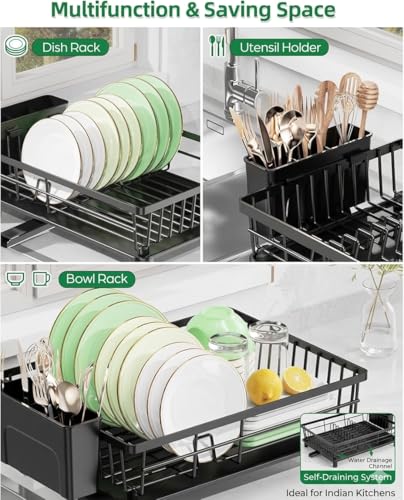 Image of Favria Dish Drying Rack - Space-Saving Small Dish Rack for Kitchen Counter, Anti Rust Kitchen Drying Rack, Compact Dish Drainer Organizer with Utensils Holder (38 x 28 x 15 cm) (Medium Black)
