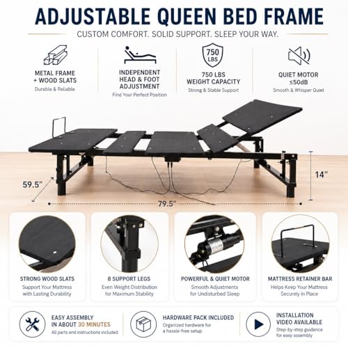 Image of Adjustable Queen Bed Frame with Head and Foot Incline Wireless Remote Ports USB, Under-Bed Nightlights, Zero Gravity Quiet Motor (Light Gray)