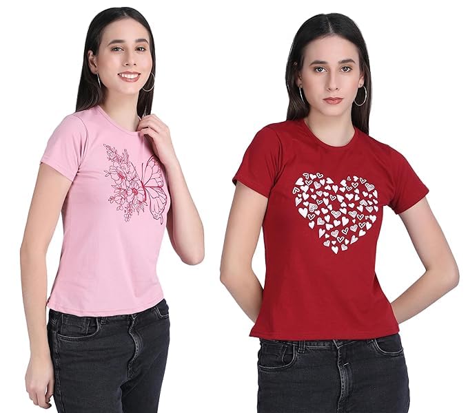 Image of Women's Slim Fit Graphic Printed T-Shirt | Soft 100% Cotton Fabric | Round Neck Half Sleeve Casual Top, Travel & College Pack of 2 Set