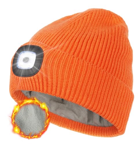 MELASA Fleece Lined LED Beanie with The Light for Men Women, Warm Stocking Hat with Light Built in, USB Rechargeable Hand Free Headlamp Beanie, Gifts for Dad Husband(Orange)