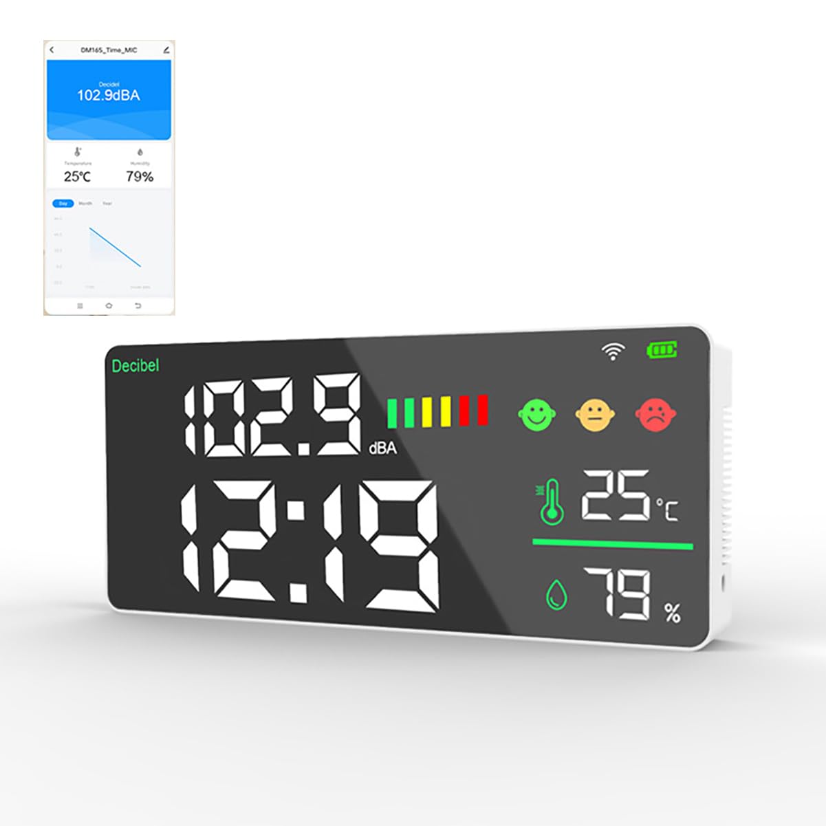 Monitor de Ruido WiFi, 4 en 1, medidor de decibelios, Lector de Nivel de Sonido/Hora/Humedad/Temperatura, Pantalla LED Grande de 11 Pulgadas para Colgar en la Pared, Grados Celsius ℃
