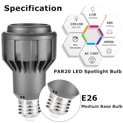 HengBo LED PAR20 Spotlight Bulb, E26, 15-60° Adjustable Beam Angle, 11W 4000K Neutral White for Accent Lighting in Home, Kitchen, Restaurant, Silver Aluminum Housing — view 2