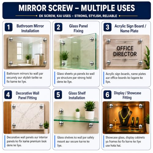 Image of Rely⇒VP INDUSTRIES (Pcs-25) No.8x50 mm Mirror Screw Self-Tapping with Button - 12mm Brass Nickel Round Dome Cap, Decorative Screw for Glass, Mirrors, Cabinets, Display Panels & Advertising Boards