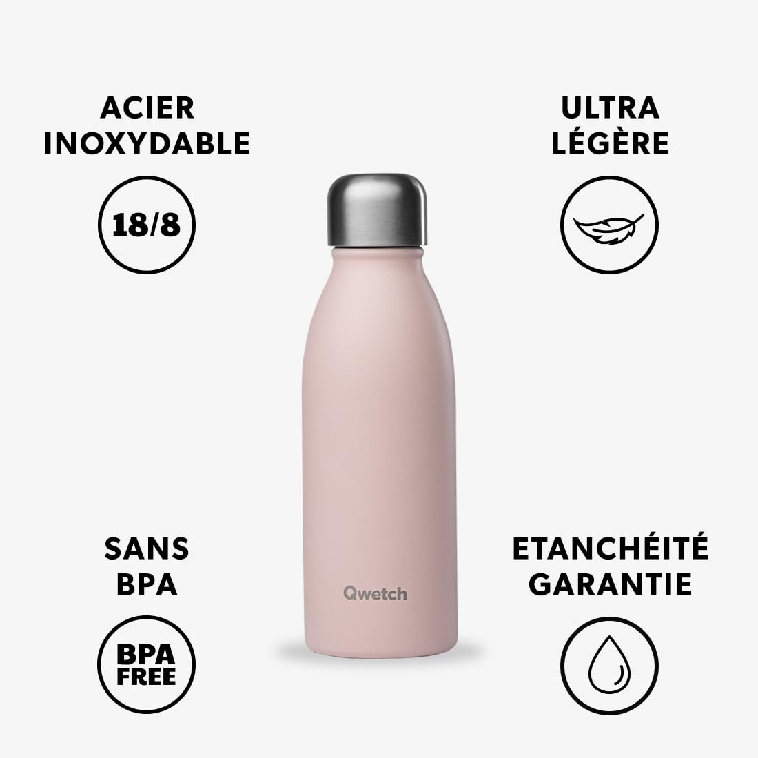 QWETCH – Bouteille One Inox Ultra Légère - Rose Pastel 500ml – Gourde Simple Paroi – Etanche, Sans BPA & Réutilisable – Gourde inox du quotidien, non isotherme