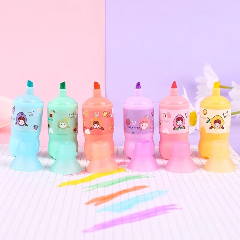 COSKIRA Cute Soft Highlighter 6 Pcs Soda Bottle Highlighter Marker Pen for School & Office Stationery Water Based Non Toxic Party Gift Long Lasting Lightweight -Multi