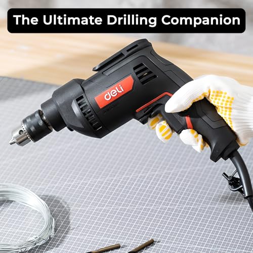 Image of Deli DE-DZ10-2E 500W Corded Electric Drill with 0-3300RPM No-Load Speed 10mm Chuck Size 220-240v ~ 50hz /60hz Power Drilling Machine for DIY & Professional Use (Pack of 1, Black and Red)