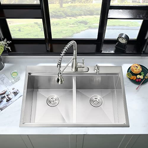 31 Double Bowl Drop In Kitchen Sink Workstation-Ianomla 31X20 Double Bowl Topmount Kitchen Sink 16 Gauge Stainless Steel Kitchen Sink Workstation Deep 50/50 Low Divide Double Bowl Kitchen Sink #TOP3