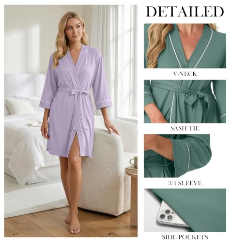 Image of PrinStory Womens Robe Knee Length Soft Knit Bathrobe S-2XL | V-Neck 3 /4 Sleeve Robes with Pockets, Lightweight, Breathable Bath Robe for Shower, Spa, Travel, Home, Party, Nursing