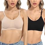 ANGOOL Clear Back Bra Wireless Professional Low-Back Dance Bra, Adjustable Straps Unpadded Backless Design for Ballet & Gym, Black+Beige, L