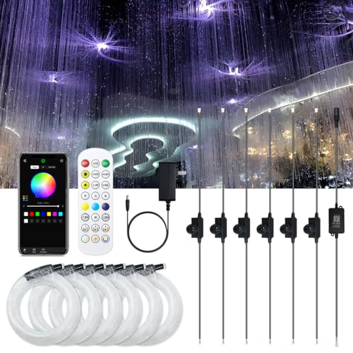 AKEPO 6-in-1 Fiber Optic Decoration Light, Music Sync+Remote Control RGB Colorful Dynamic Effect+1200pcs*?0.03in(0.75mm)*8.2ft/2.5m PMMA END Glow Optical Fiber Cables for Home Ceiling Hanging Light