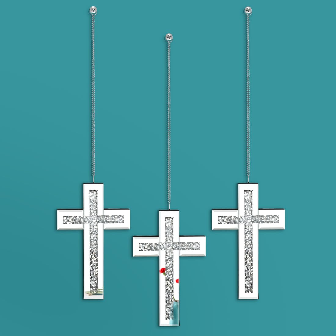 Silver Cross Wall Mirror Set of 3, Decorative Crystal Crush Diamond Mirrors for Bedroom, Living Room & Hallway, Home Decor