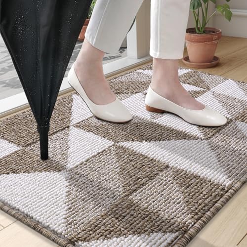 Image of OLANLY Door Mat Indoor Entrance Washable 32x20, Odor-Free Low-Profile Front Back Geometric Doormat, Absorbent Resist Dirt Entry Carpet, Easy to Clean Sturdy Inside Floor Mats for Entryway, Brown