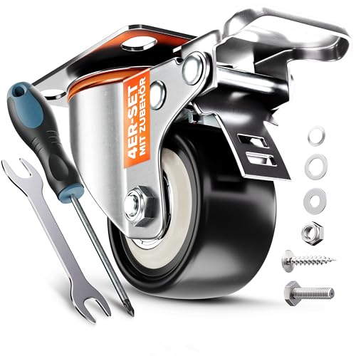 PEARWAY™ Premium Schwerlastrollen bis 320kg [4x Bremse] I Robuste Möbelrollen I Rollen für Möbel I Lenkrollen 50mm für Innen & Außen I Transportrollen Schwerlast I Rollen Schwerlast I Möbel Rollen