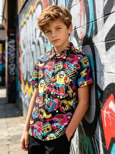 Image of uideazone Boys Hawaiian Shirts Novelty Printed Funky Short Sleeve Button Down Shirt Kids Aloha Luau Shirt 7-14T