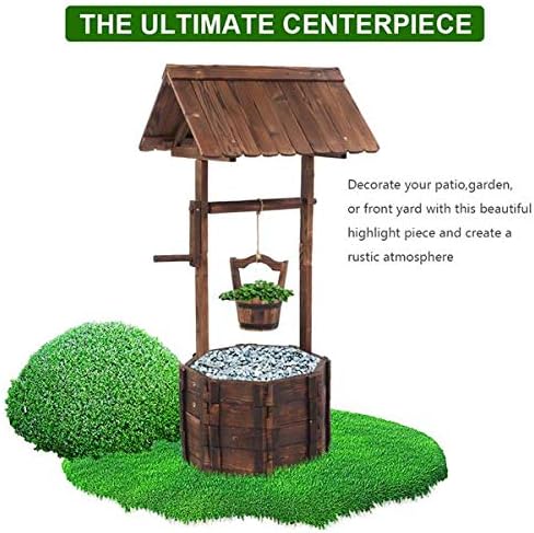 Outdoor Wooden Wishing Well with Hanging Bucket,Rustic Flower Planter Patio Garden Ornamental, Rustic Flower Plants Planter Patio Garden