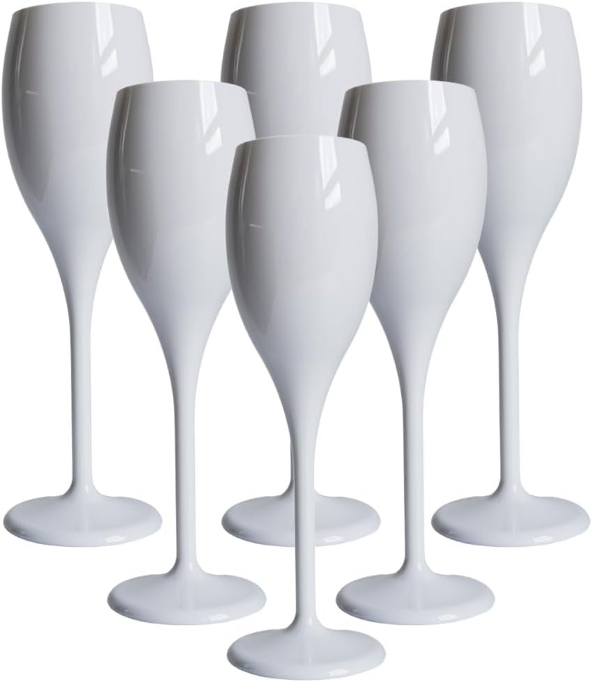 AIOS Set of 6 Unbreakable Polycarbonate Plastic White Champagne Flutes/Prosecco Flutes. Capacity150ml